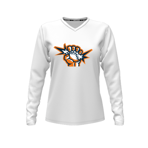 [CUS-DFW-TEES-CMF-VNK-LSL-WHT-FYXS-LOGO3] Comfort T-Shirt (Female Youth XS, White, V Neck, Logo 3, Long Sleeve)