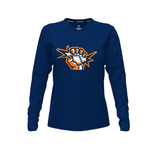 [CUS-DFW-TEES-CMF-VNK-LSL-NVY-FYXS-LOGO3] Comfort T-Shirt (Female Youth XS, Navy, V Neck, Logo 3, Long Sleeve)