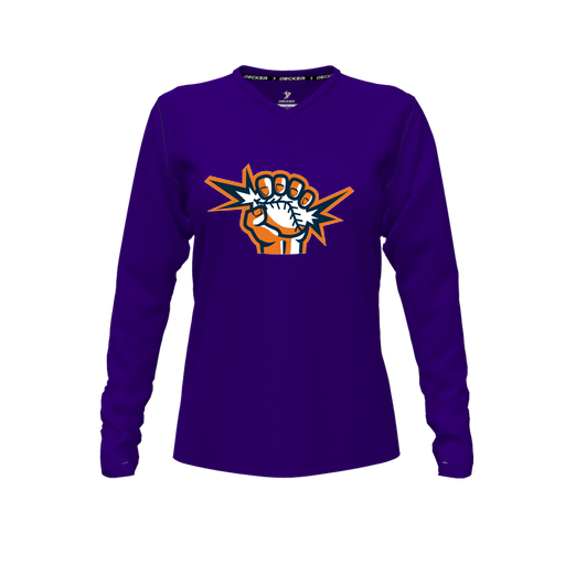 [CUS-DFW-TEES-PER-VNK-LSL-PUR-FYXS-LOGO3] Performance T-Shirt (Female Youth XS, Purple, V Neck, Logo 3, Long Sleeve)